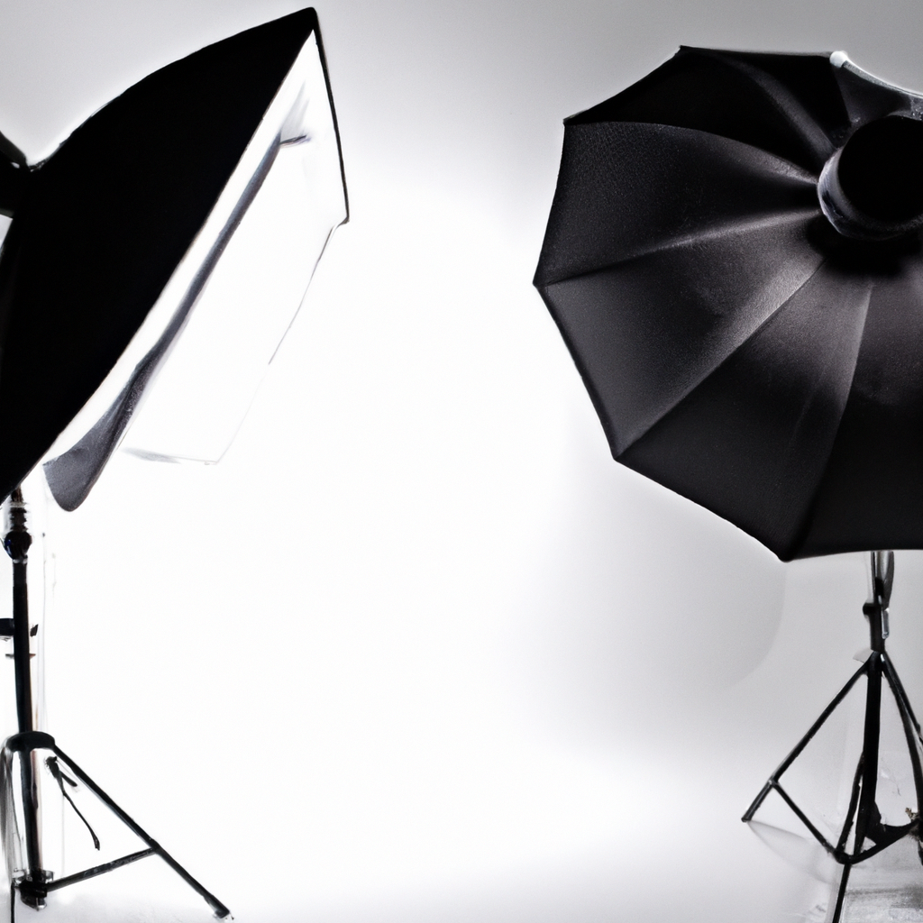 Estudio fotográfico con iluminación suave, softboxes y trípodes en ambiente minimalista